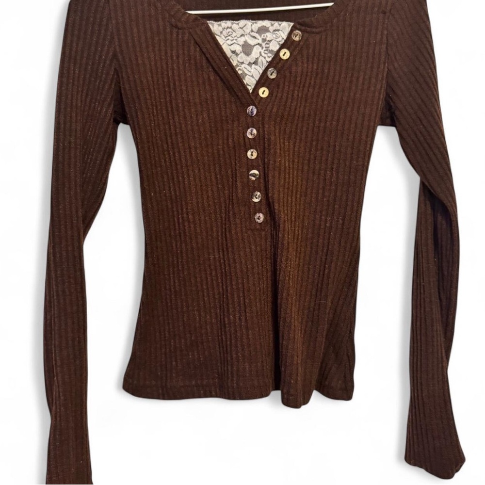 Shein Brown Ribbed Long Sleeve Top